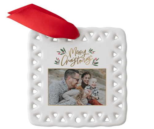 Christmas Berries Ceramic Ornament, White, Square