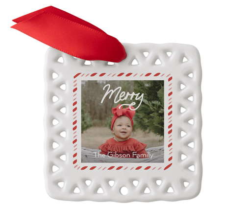 Candy Cane Border Ceramic Ornament, White, Square, white