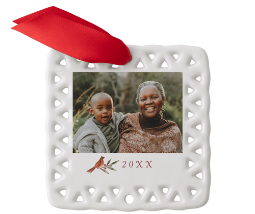 Christmas Cardinal Ceramic Ornament, White, Square, white