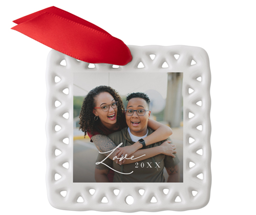 Fine Love Script Ceramic Ornament, White, Square