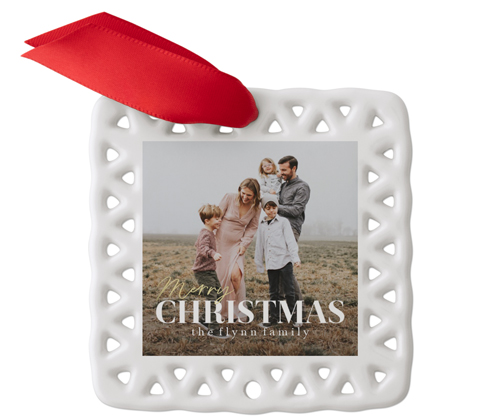 Golden Merry Christmas Ceramic Ornament, White, Square Ornament