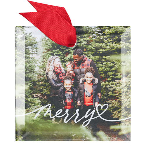 Merry Doodle Heart Glass Ornament, White, Square, white