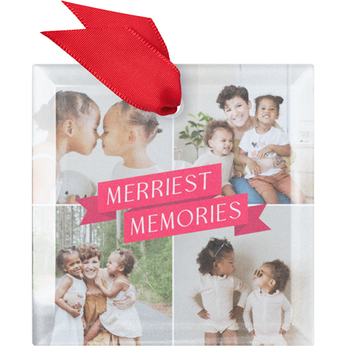 Merriest Memories Grid Glass Ornament, Red, Square Ornament