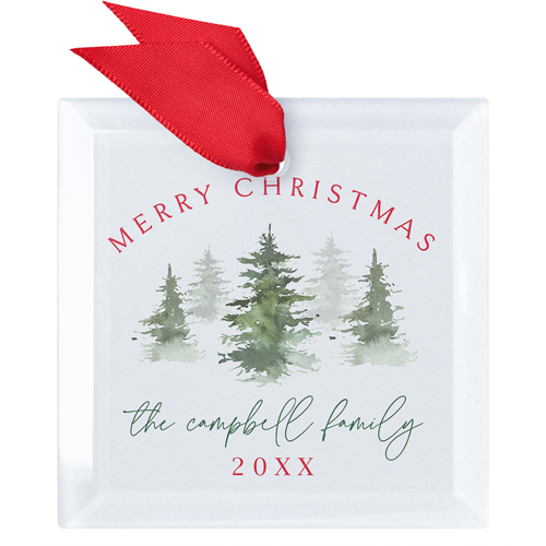 Evergreen Trees Family Name Glass Ornament, Red, Square, scarlet