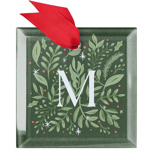 Monogram Botanical Wreath Glass Ornament, Green, Square