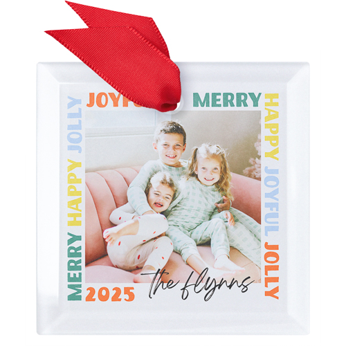 Joyful Jolly Glass Ornament, Beige, Square, antique white