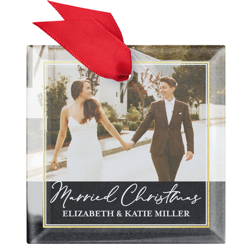 Married Christmas Glass Ornament, Black, Square