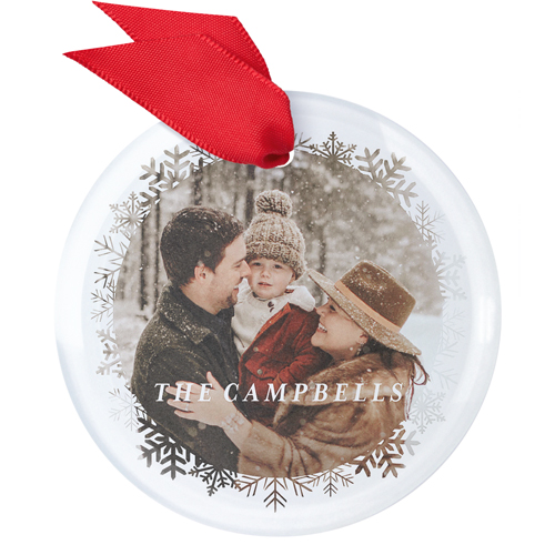 Etched Snowflake Glass Ornament, White, Circle