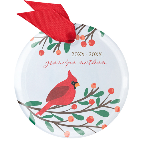 Christmas Memorial Cardinal Glass Ornament, Blue, Circle