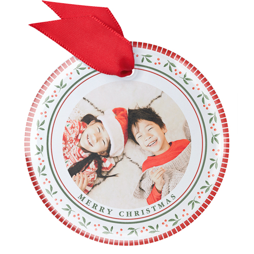 Mistletoe and Holly Glass Ornament, Beige, Circle, cream