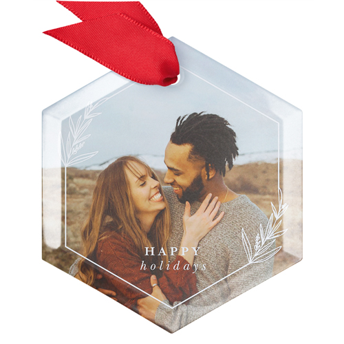 Botanical Line Frame Glass Ornament, White, Hexagon