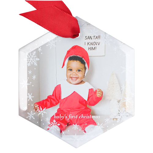 Snowflake Border Overlay Glass Ornament, White, Hexagon