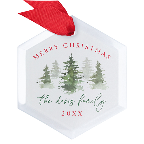 Evergreen Trees Family Name Glass Ornament, Red, Hexagon
