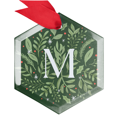 Monogram Botanical Wreath Glass Ornament, Green, Hexagon