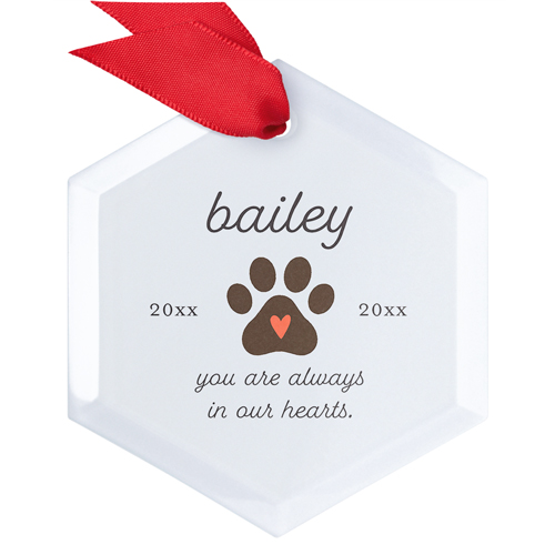 Pet Memorial Paw Glass Ornament, Gray, Hexagon