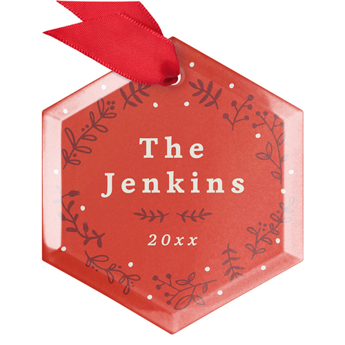 Red Christmas Family Name Glass Ornament, Red, Hexagon