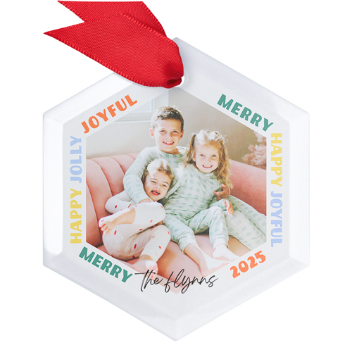 Joyful Jolly Glass Ornament, Beige, Hexagon, antique white