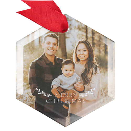 Rustic Branches Glass Ornament, White, Hexagon, white