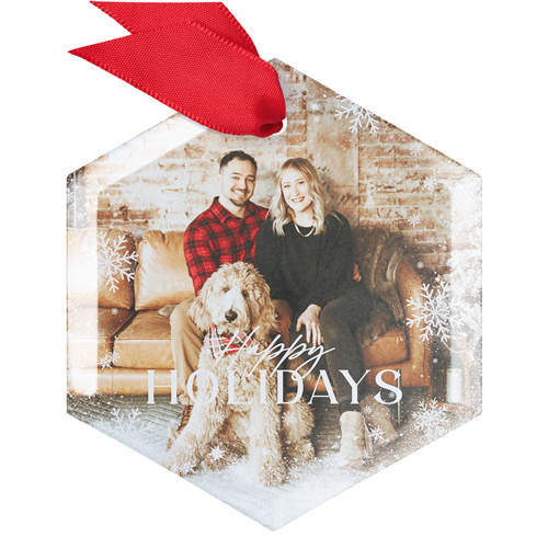 Snowy Holidays Glass Ornament, White, Hexagon, white