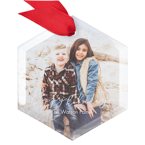 Subtle Script Glass Ornament, White, Hexagon