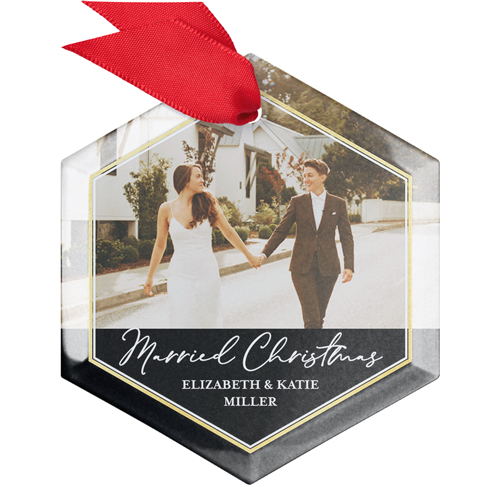 Married Christmas Glass Ornament, Black, Hexagon, black