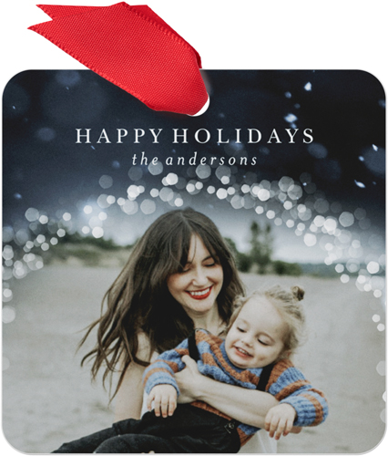 Winter Bokeh Border Metal Ornament, Blue, Square, navy