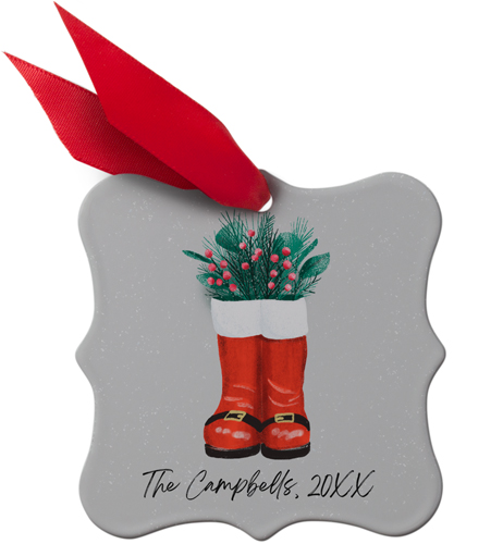 Santa Boots Family Name Metal Ornament, Gray, Square Bracket