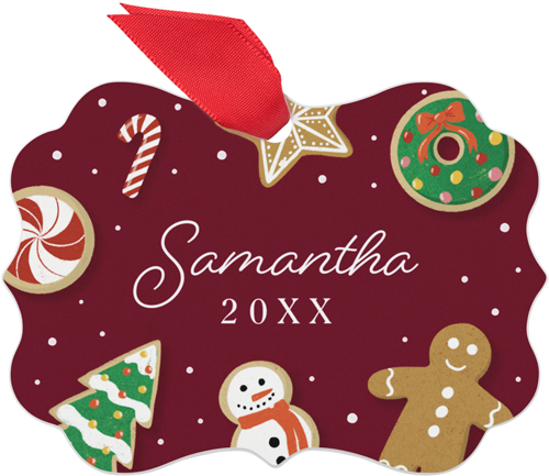 Gingerbread Name Metal Ornament, Red, Rectangle Bracket, cabernet