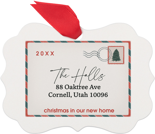 New Home Postcard Metal Ornament, Red, Rectangle Bracket