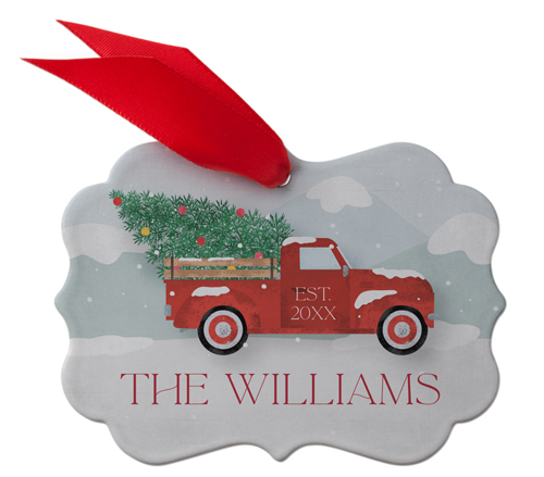 Red Truck Family Name Metal Ornament, Red, Rectangle Bracket