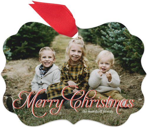 Elegant Christmas Script Metal Ornament, Red, Rectangle Bracket, fire engine