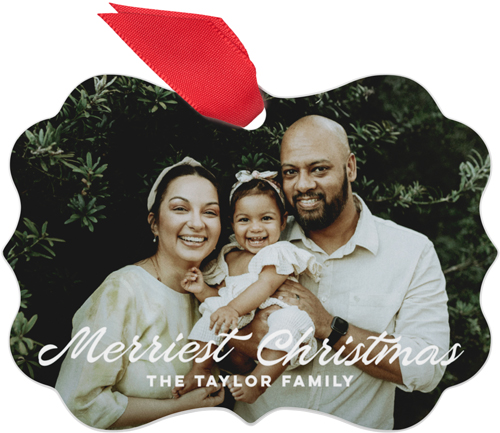 Merriest Christmas Script Metal Ornament, White, Rectangle Bracket, white