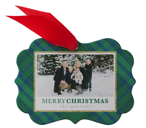 Merry Christmas Green Plaid Metal Ornament, Green, Rectangle Bracket
