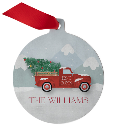 Red Truck Family Name Metal Ornament, Red, Circle