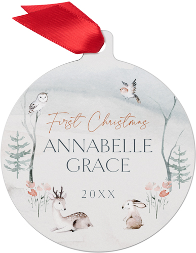 Woodland First Christmas Metal Ornament, Gray, Circle