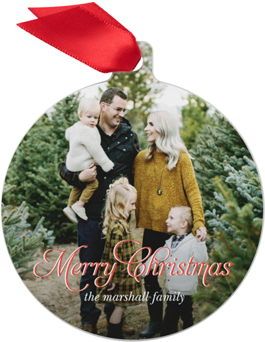 Elegant Christmas Script Metal Ornament, Red, Circle, fire engine