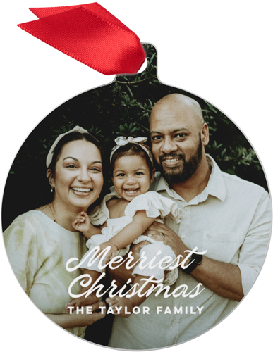 Merriest Christmas Script Metal Ornament, White, Circle