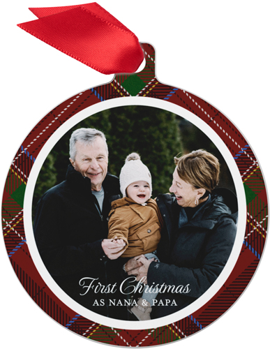 Classic Tartan Frame Metal Ornament, Red, Circle, scarlet