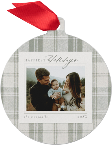 Holiday Flannel Metal Ornament, Beige, Circle, antique white