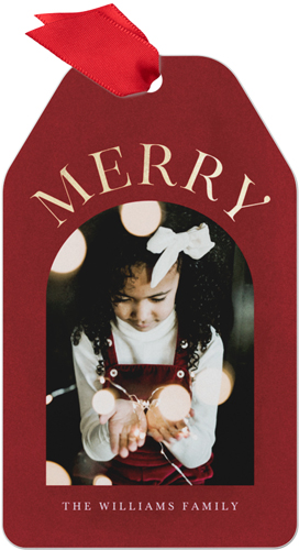 Golden Modern Merry Metal Ornament, Red, Gift Tag