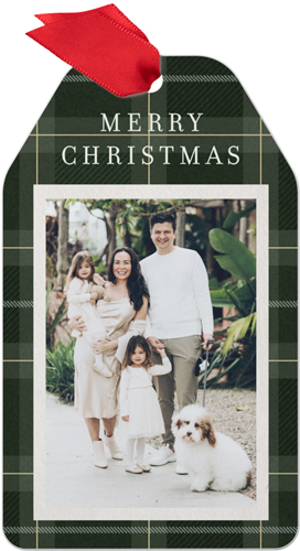 Classic Christmas Plaid Metal Ornament, Green, Gift Tag, pine