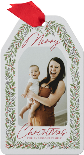 Holly Wreath Metal Ornament, Gray, Gift Tag, silver lining