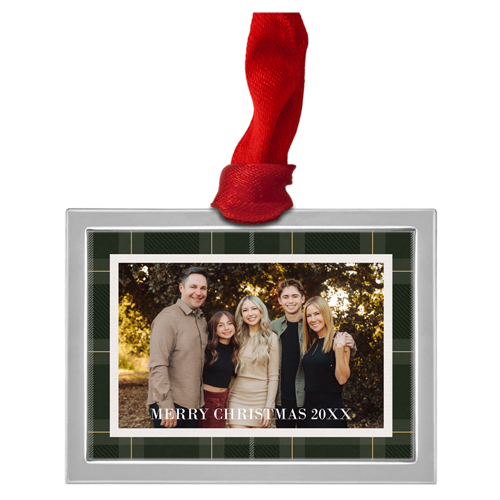 Classic Christmas Plaid Luxe Frame Ornament, Silver, Green, Rectangle, green ink