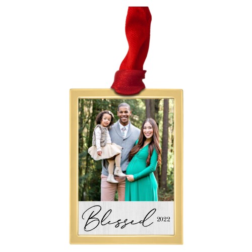 Blessed Script Portrait Luxe Frame Ornament, Gold, Gray, Rectangle Ornament