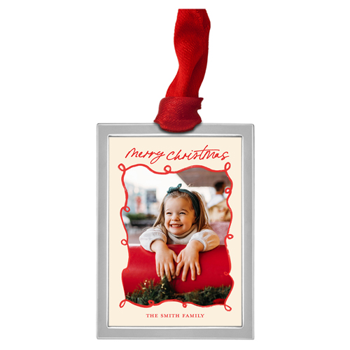 Merry Christmas Doodle Luxe Frame Ornament, Silver, Red, Rectangle