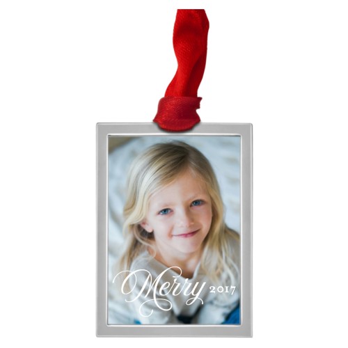Merry Script Luxe Frame Ornament, Silver, White, Rectangle