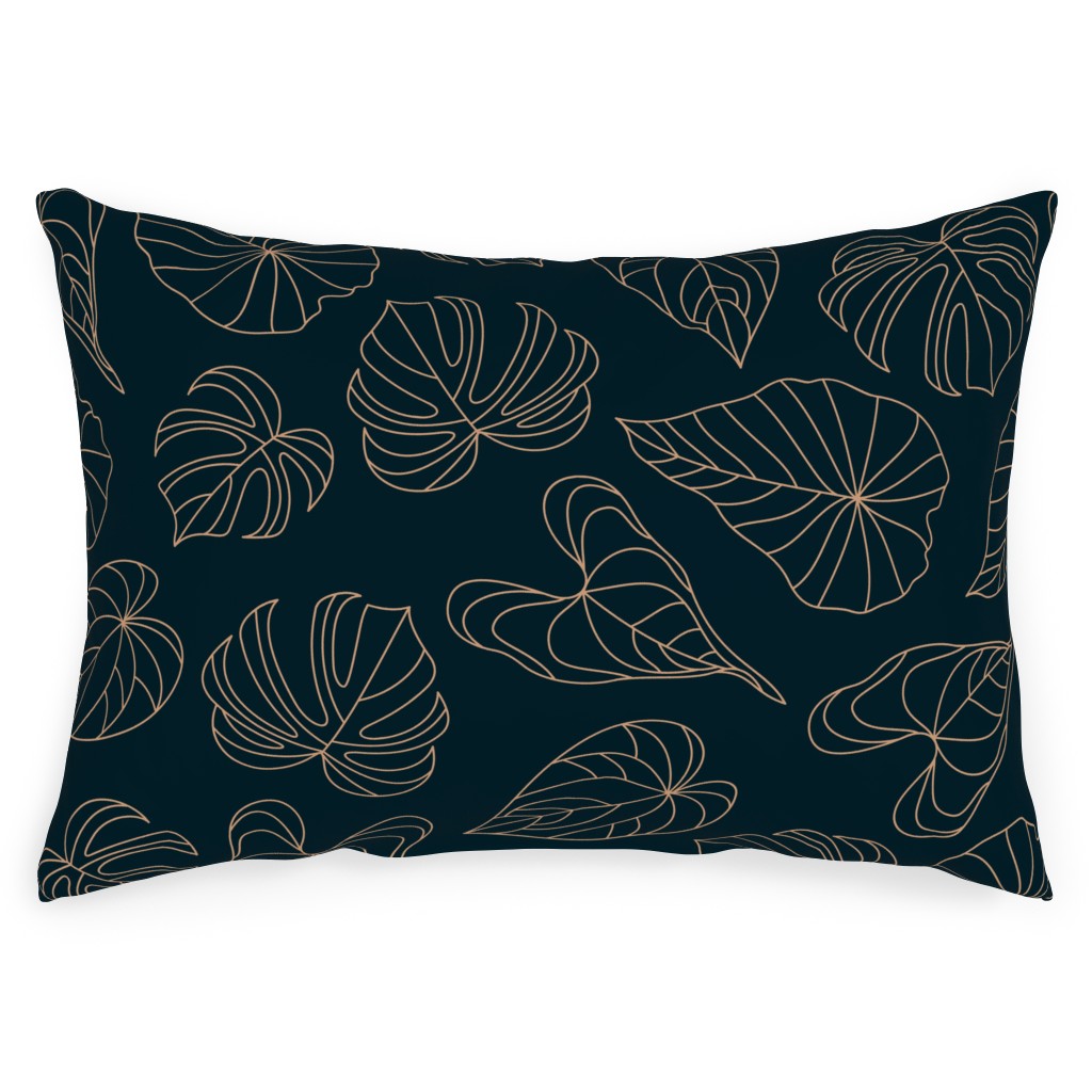 Minimalist Monstera Leaves - Dark Outdoor Pillow, 14x20, Single Sided, Blue