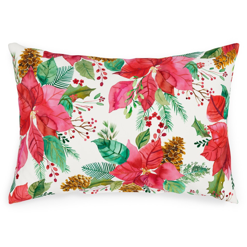 Poinsettias Christmas Flower Bouquets - Red Outdoor Pillow, 14x20, Single Sided, Red