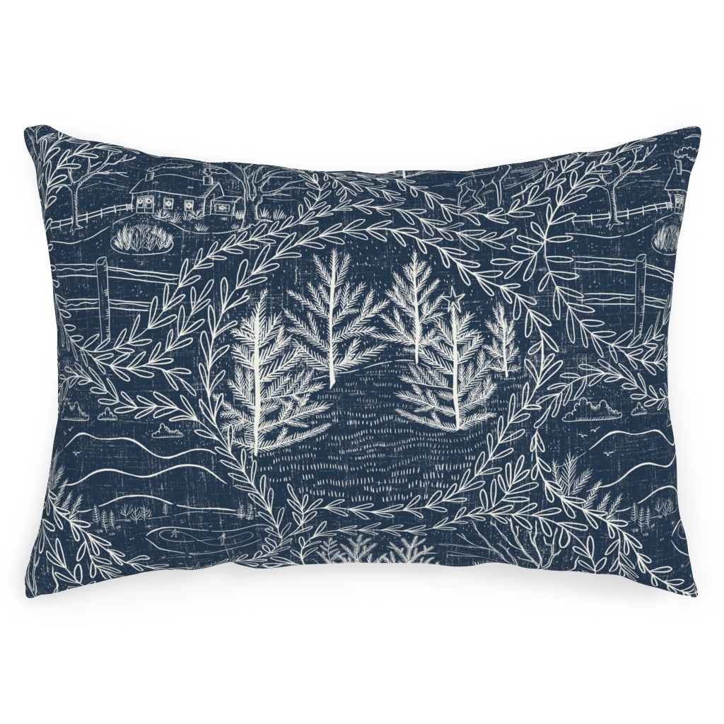 Winter Holiday Toile - Navy Outdoor Pillow, 14x20, Single Sided, Blue