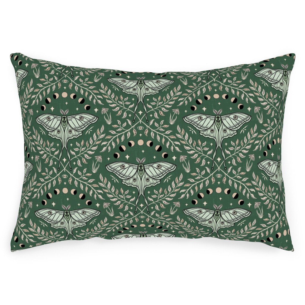 Luna Moths Damask With Moon Phases - Green Outdoor Pillow, 14x20, Single Sided, Green